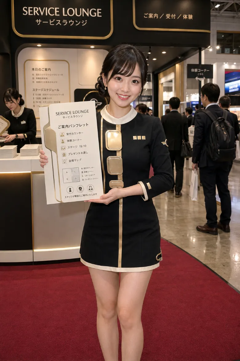 実写AI美女版｜ゴールドの斜めラインとモジュール装飾を入れたブラックミニワンピースのイベントコンパニオンの衣装