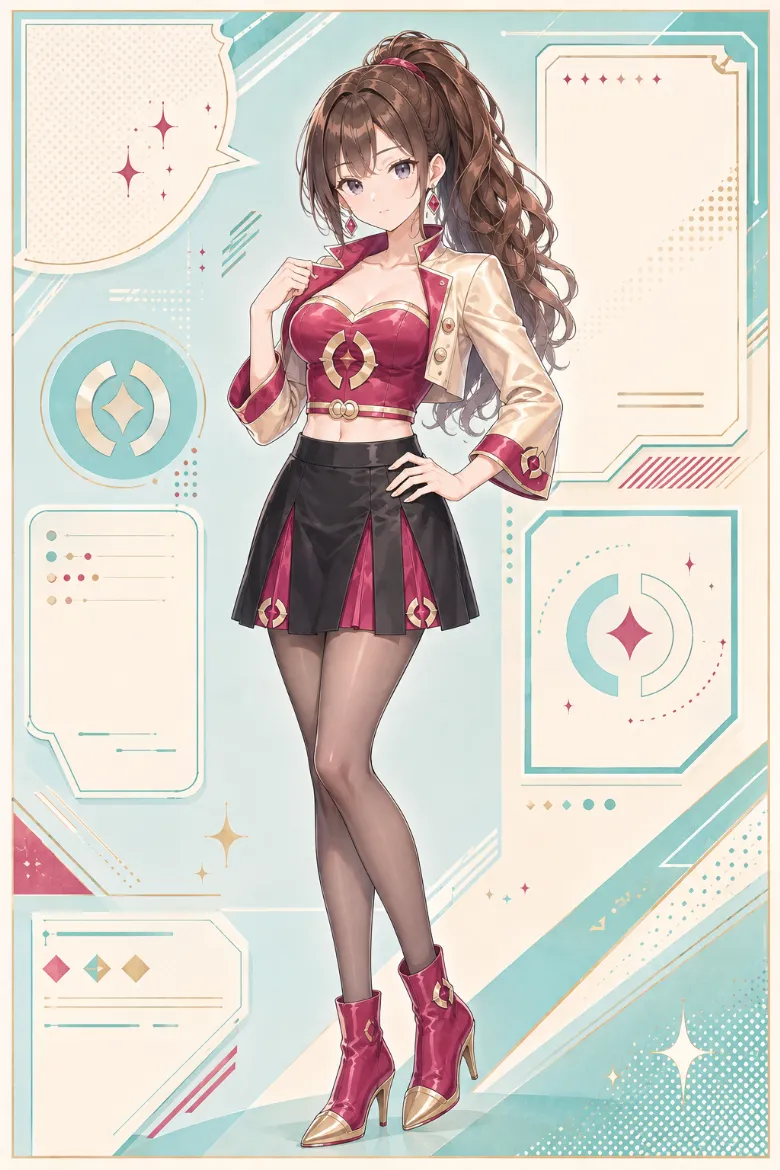 AIイラスト版｜ラズベリーのボレロとビスチェにプリーツミニスカートを合わせたイベントコンパニオンの衣装