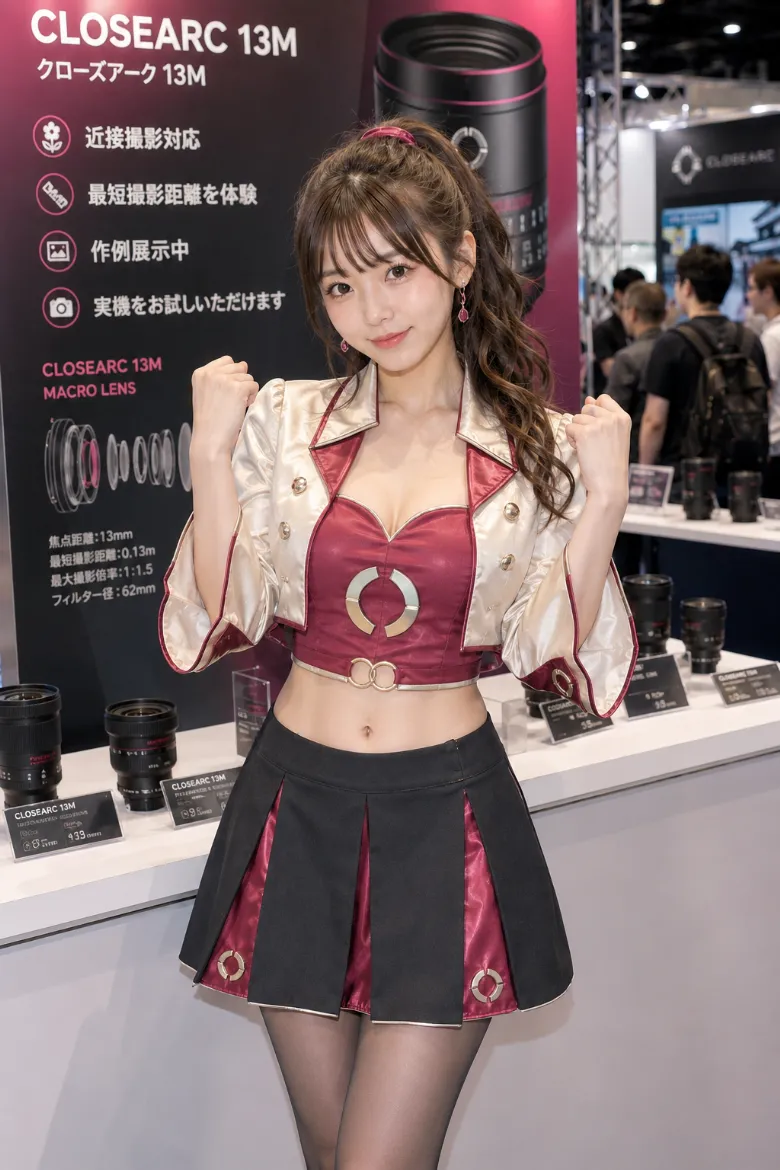 実写AI美女版｜ラズベリーのボレロとビスチェにプリーツミニスカートを合わせたイベントコンパニオンの衣装