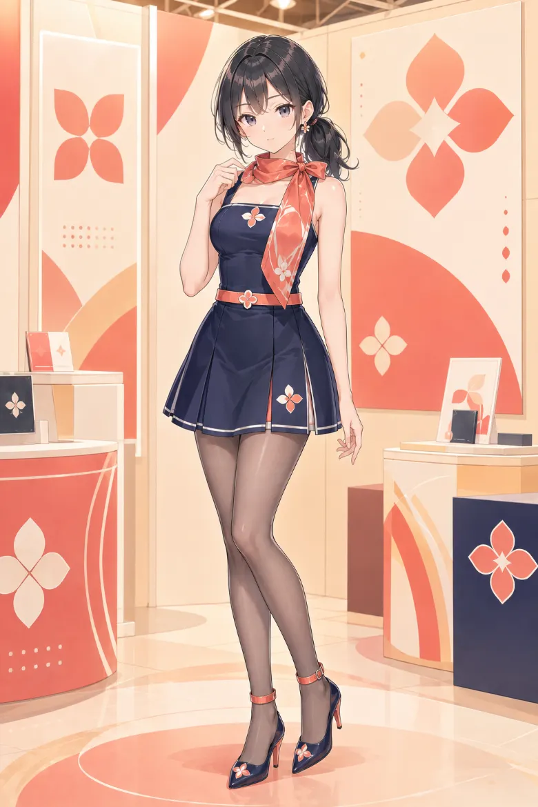 AIイラスト版｜コーラルのロングスカーフを合わせたネイビーのフレアミニワンピースのイベントコンパニオンの衣装