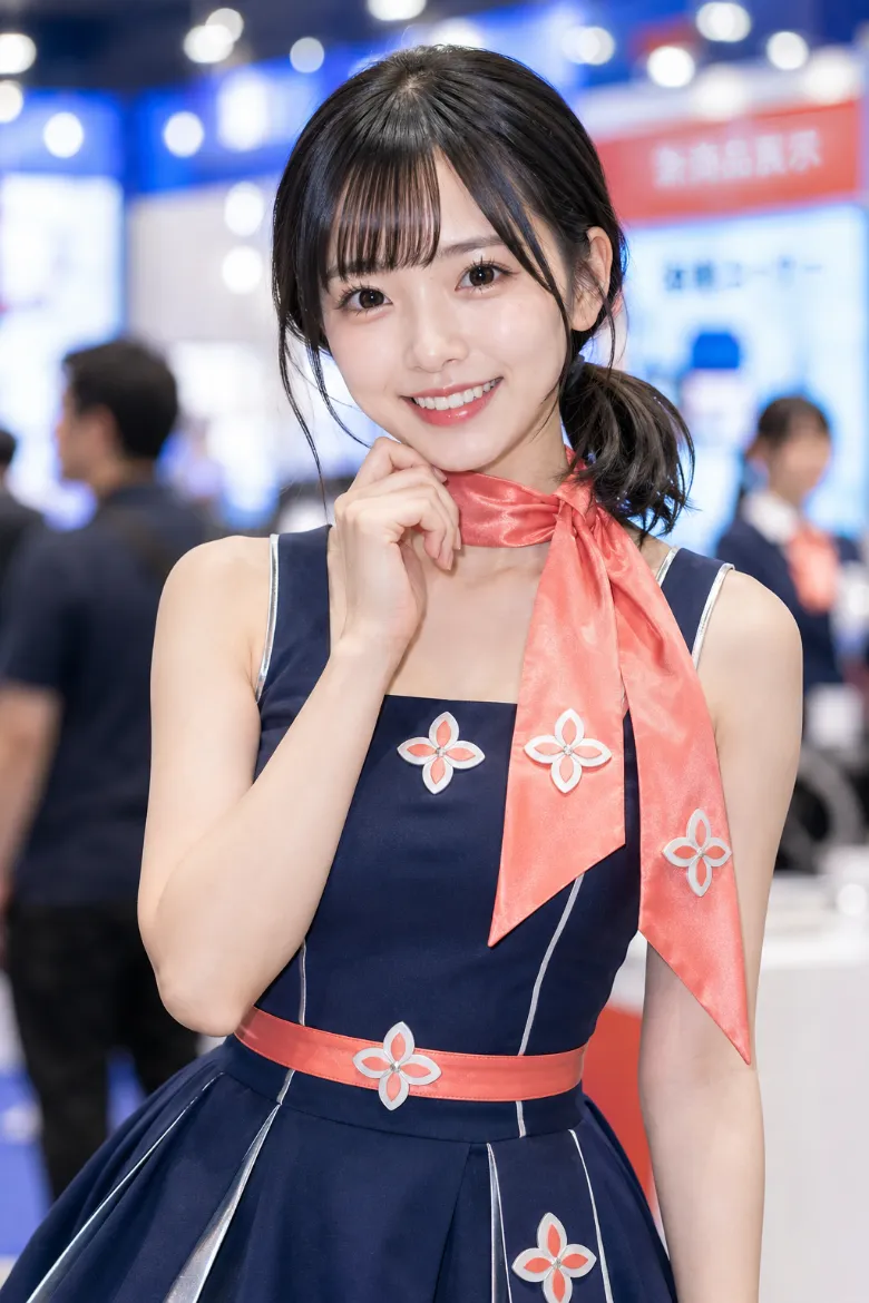 実写AI美女版｜コーラルのロングスカーフを合わせたネイビーのフレアミニワンピースのイベントコンパニオンの衣装