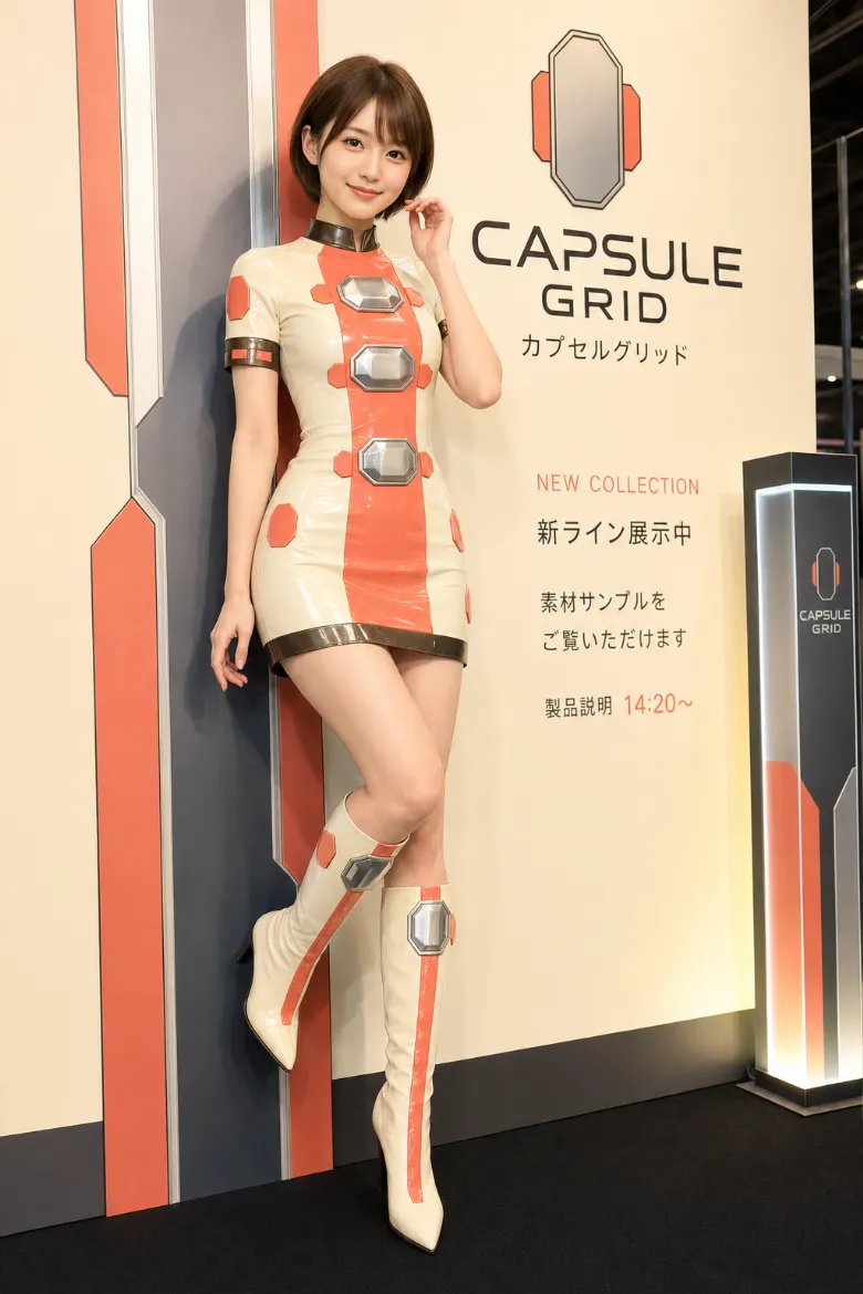 実写AI美女版｜シルバーのカプセル装飾を縦に並べたクリーム×コーラルのタイトミニワンピースのイベントコンパニオンの衣装