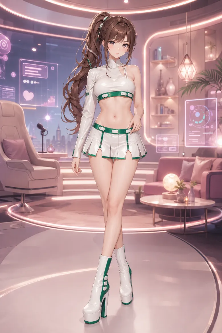 AIイラスト版｜エメラルドのリングラインを入れた白のクロップトップとプリーツスコートのイベントコンパニオンの衣装