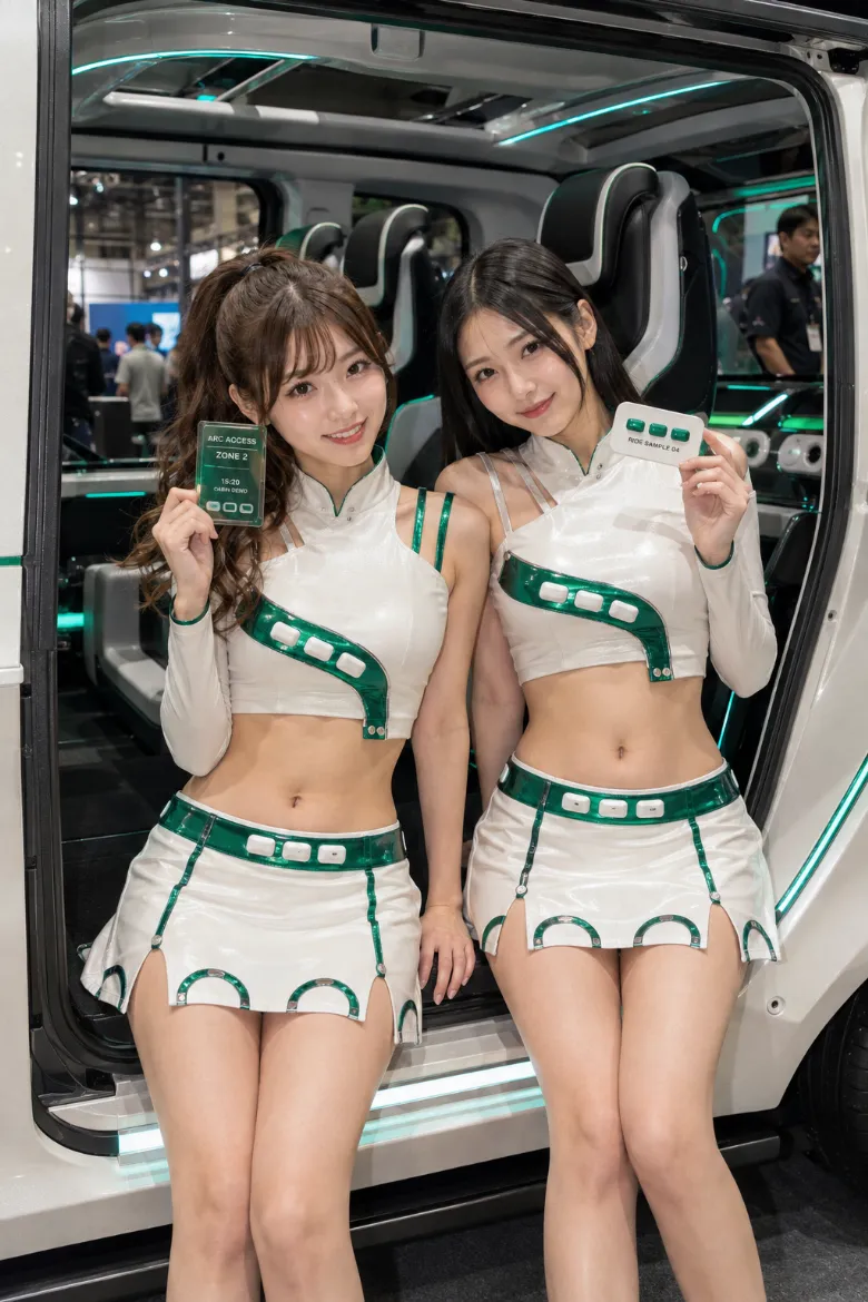 実写AI美女版｜エメラルドのリングラインを入れた白のクロップトップとプリーツスコートのイベントコンパニオンの衣装