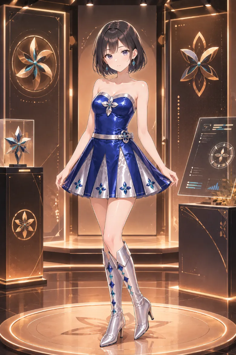 AIイラスト版｜シルバーのプリーツ切り替えを入れたサファイアブルーのフレアミニワンピースのイベントコンパニオンの衣装