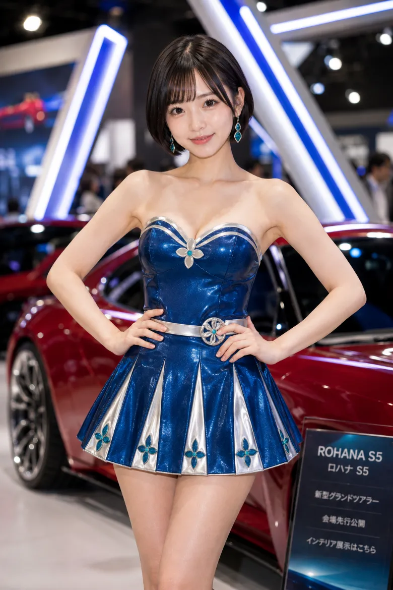 実写AI美女版｜シルバーのプリーツ切り替えを入れたサファイアブルーのフレアミニワンピースのイベントコンパニオンの衣装