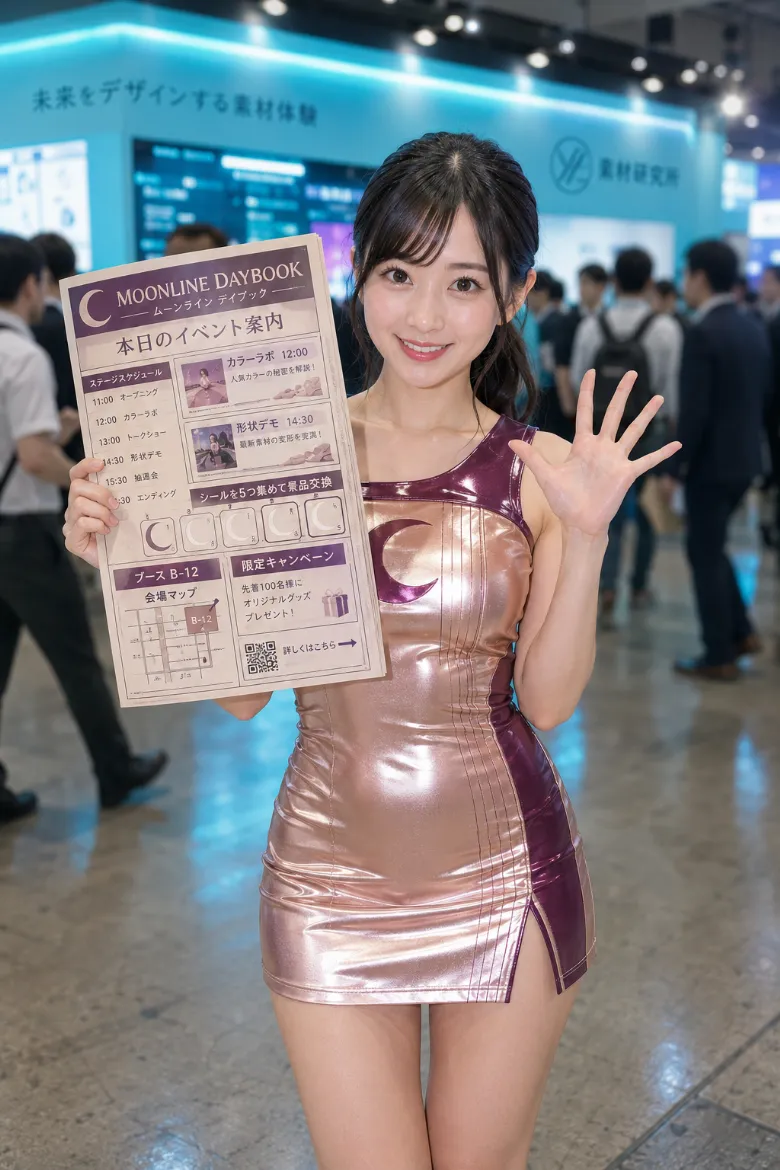 実写AI美女版｜三日月モチーフを入れたローズゴールドのタイトミニワンピースのイベントコンパニオンの衣装