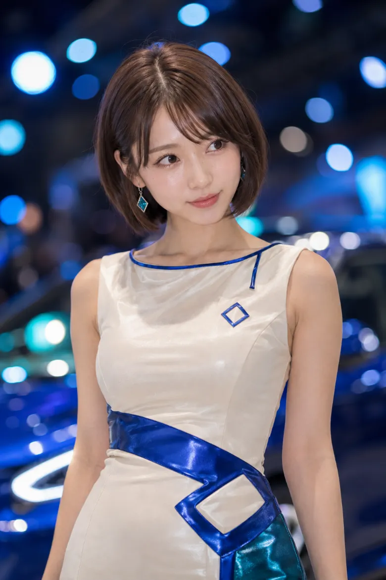 実写AI美女版｜コバルトの斜めループを入れたアイボリーのミニシフトワンピースのイベントコンパニオンの衣装
