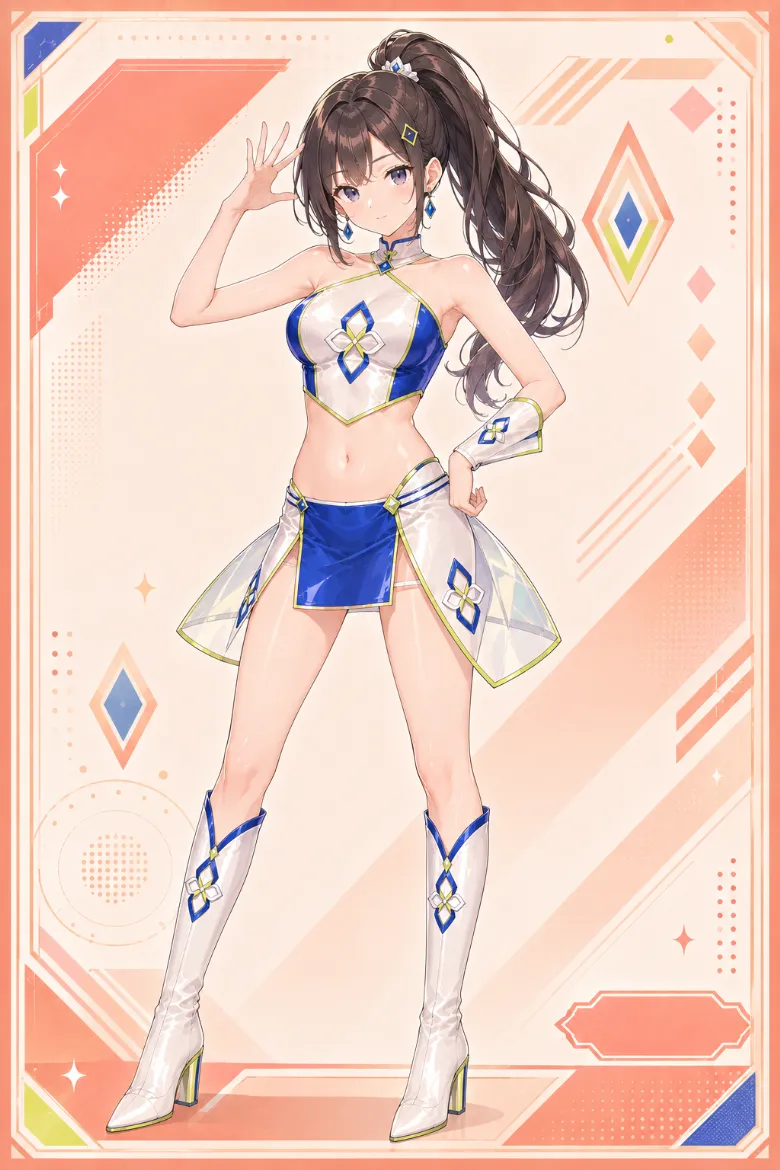 AIイラスト版｜ダイヤループ装飾を入れた白×コバルトのクロップトップとミニスコートのイベントコンパニオンの衣装