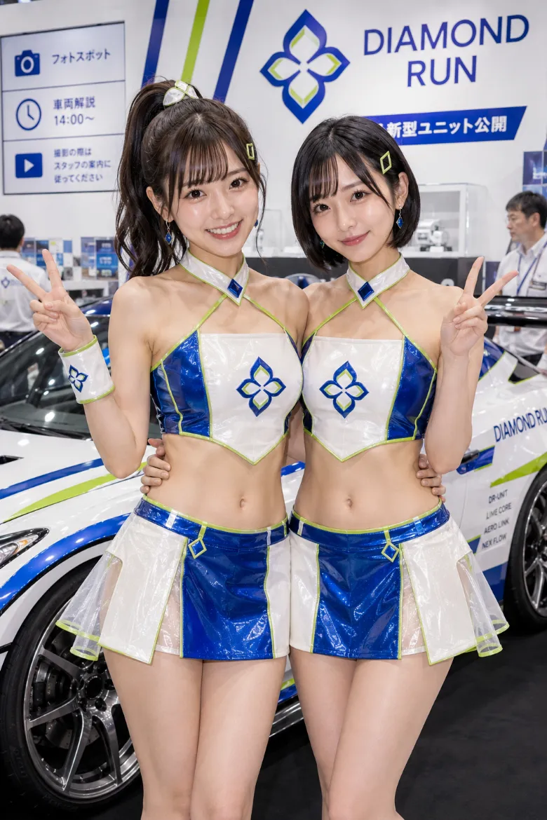 実写AI美女版｜ダイヤループ装飾を入れた白×コバルトのクロップトップとミニスコートのイベントコンパニオンの衣装