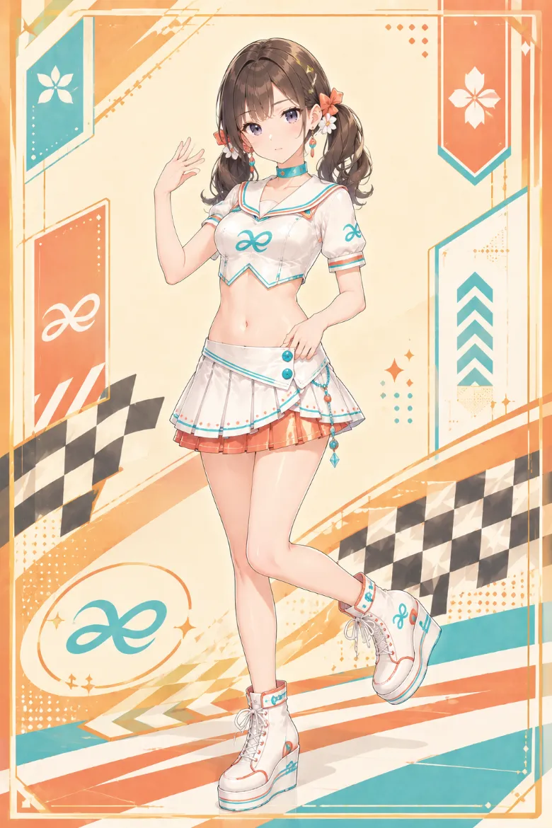 AIイラスト版｜セーラーカラーの白いクロップトップとターコイズ×コーラルのプリーツミニのイベントコンパニオンの衣装