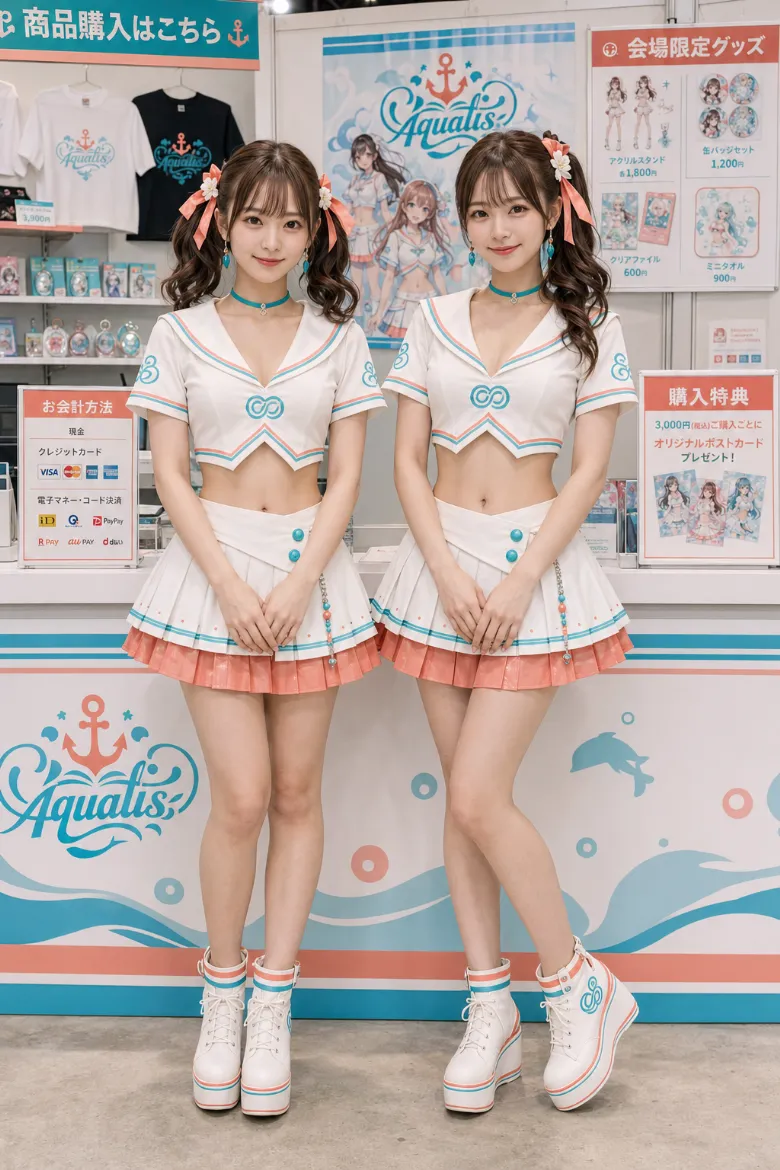 実写AI美女版｜セーラーカラーの白いクロップトップとターコイズ×コーラルのプリーツミニのイベントコンパニオンの衣装