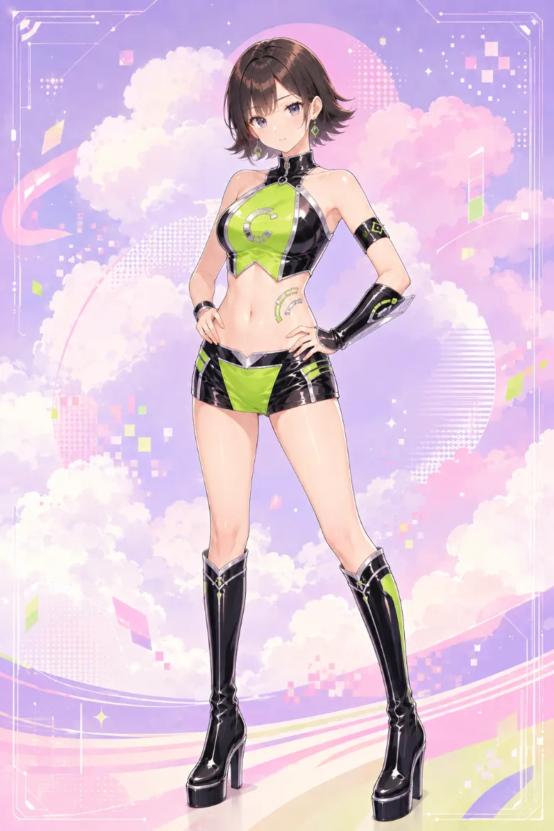AIイラスト版｜ネオングリーンの回路モチーフを入れた黒のクロップトップとショートパンツのイベントコンパニオンの衣装