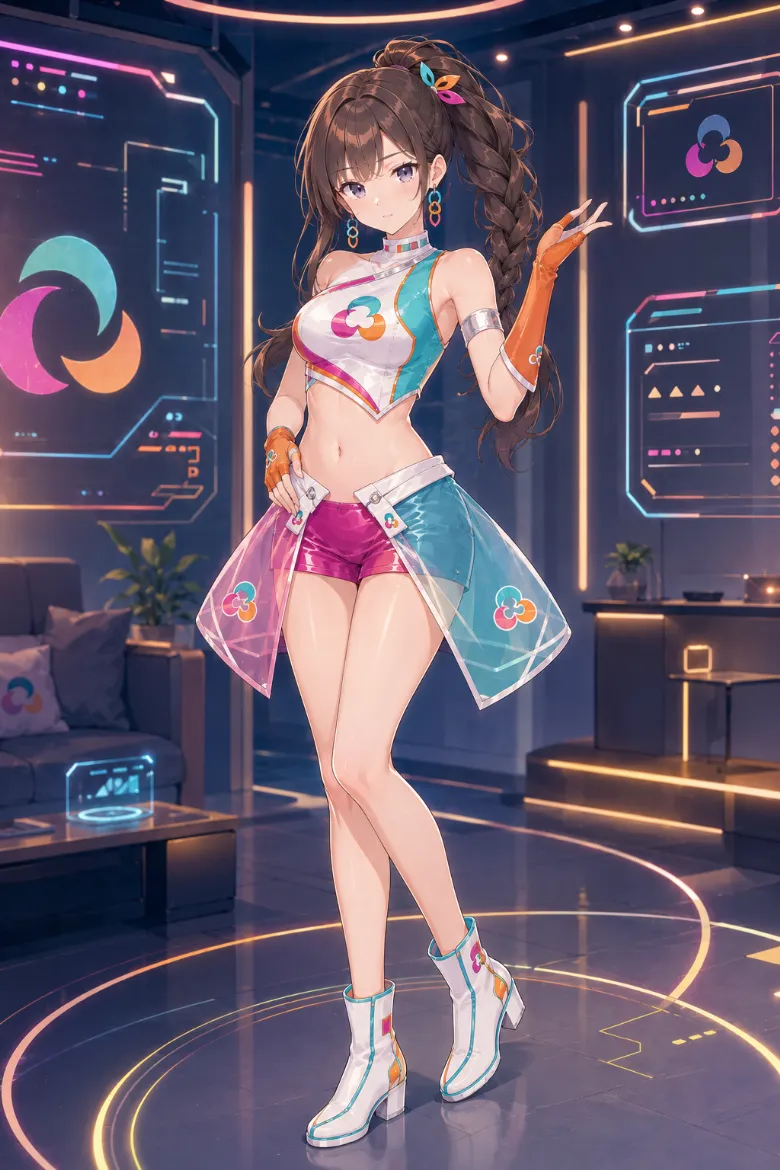 AIイラスト版｜マルチカラーのクロップトップと左右色違いのシアーオーバースカートを合わせたイベントコンパニオンの衣装