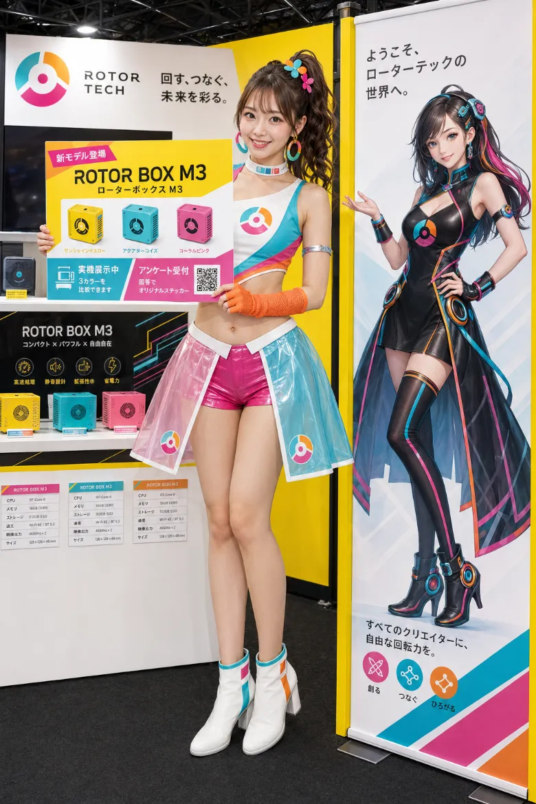 実写AI美女版｜マルチカラーのクロップトップと左右色違いのシアーオーバースカートを合わせたイベントコンパニオンの衣装