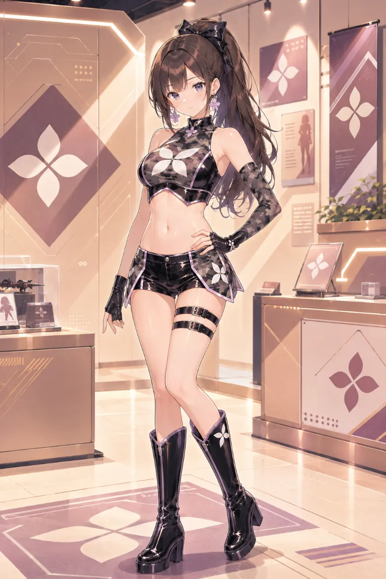 AIイラスト版｜白い花モチーフを入れた迷彩クロップトップと黒のショートパンツのイベントコンパニオンの衣装