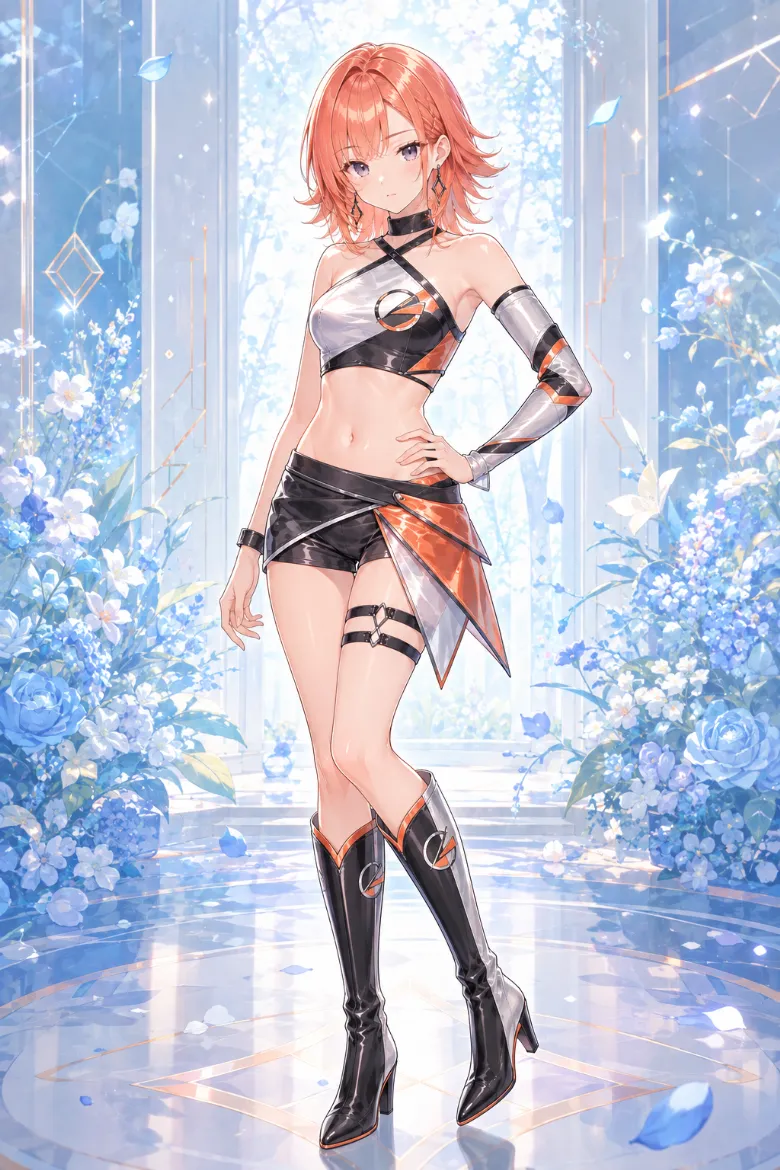 AIイラスト版｜シルバー×ブラックにメタリックオレンジを加えたワンショルダーとショートパンツのイベントコンパニオンの衣装