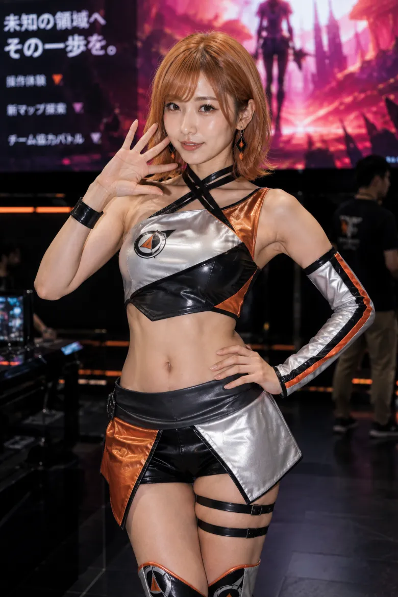 実写AI美女版｜シルバー×ブラックにメタリックオレンジを加えたワンショルダーとショートパンツのイベントコンパニオンの衣装