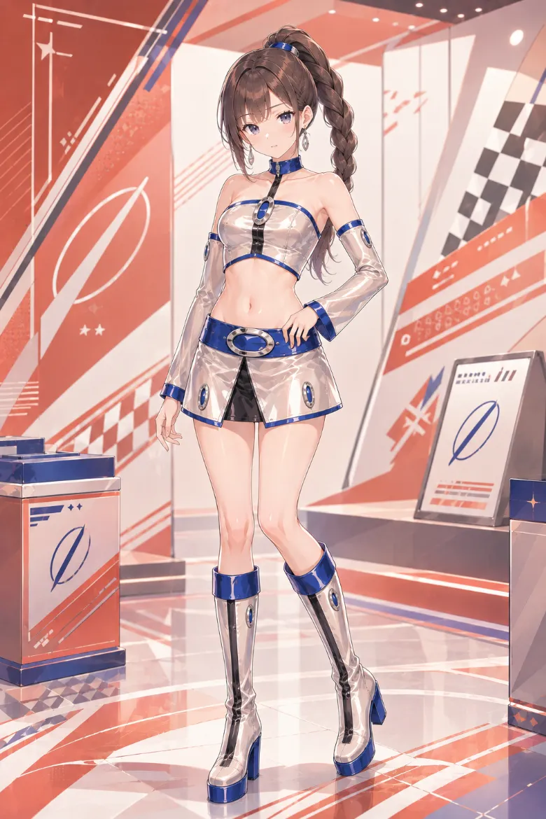 AIイラスト版｜大きなオーバルバックルを付けたシルバーのクロップトップとAラインミニスカートのイベントコンパニオンの衣装