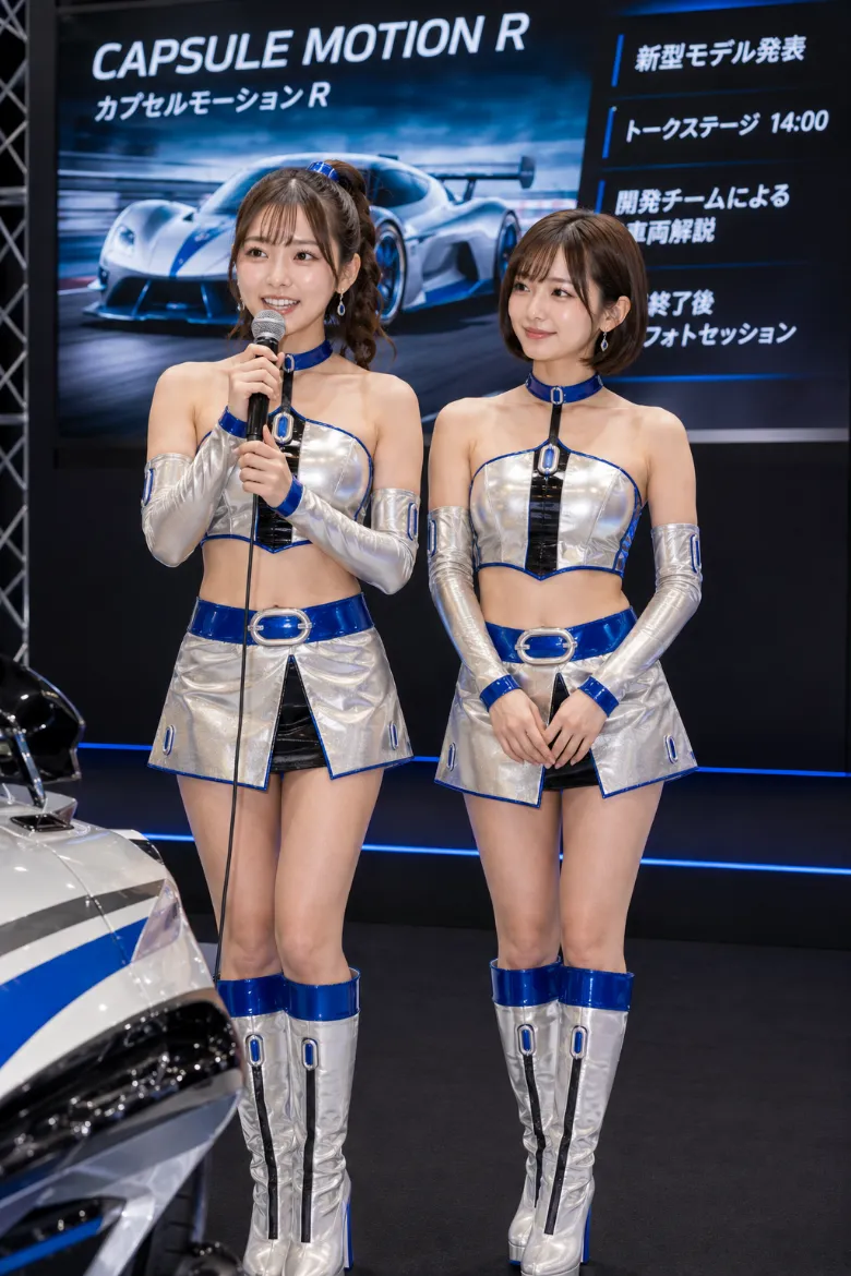 実写AI美女版｜大きなオーバルバックルを付けたシルバーのクロップトップとAラインミニスカートのイベントコンパニオンの衣装