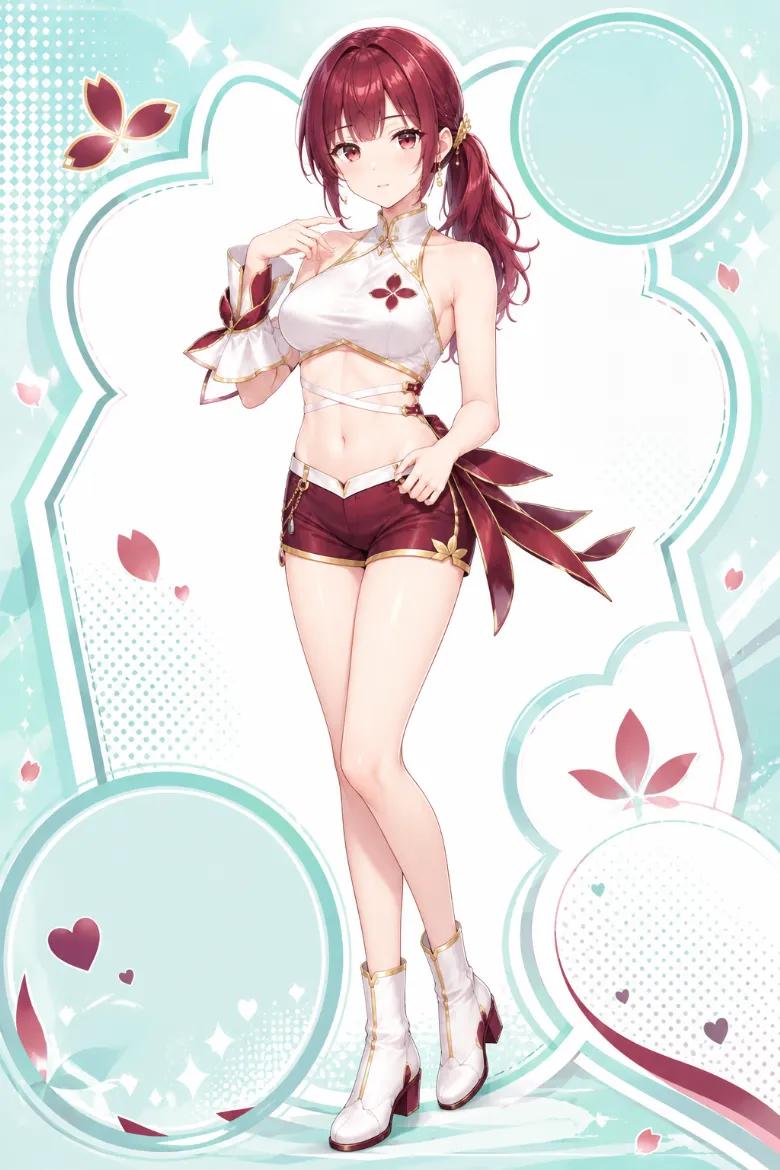 AIイラスト版｜白×バーガンディのワンショルダートップと花びらパネル付きショートパンツのイベントコンパニオンの衣装