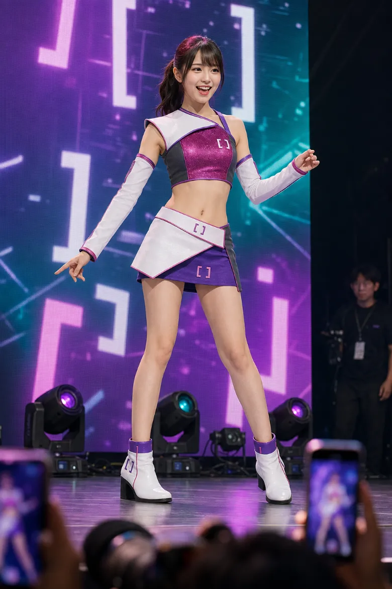 実写AI美女版｜マゼンタと白の立体パネルを重ねたクロップトップとフィットミニスカートのイベントコンパニオンの衣装