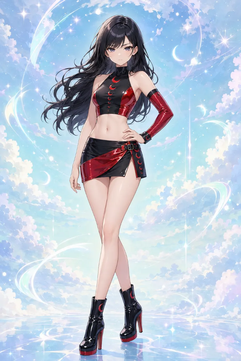 AIイラスト版｜赤い三日月モチーフを入れた黒のホルタークロップトップとラップミニスカートのイベントコンパニオンの衣装