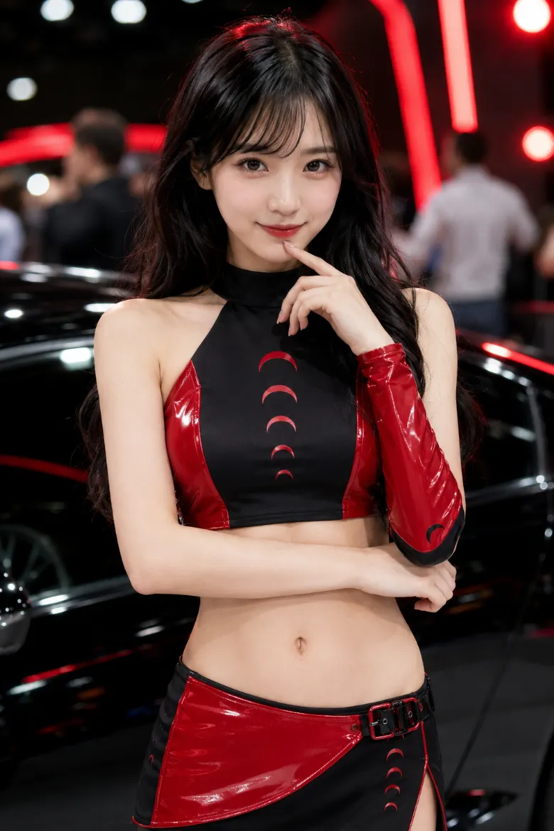 実写AI美女版｜赤い三日月モチーフを入れた黒のホルタークロップトップとラップミニスカートのイベントコンパニオンの衣装