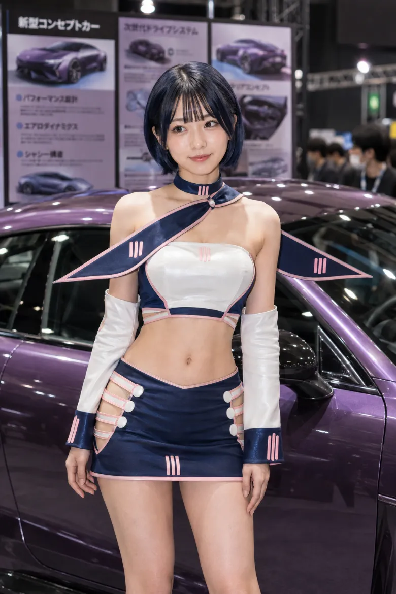 実写AI美女版｜長いショルダーウイングを備えた白のクロップトップとネイビーのタイトミニスカートのイベントコンパニオンの衣装