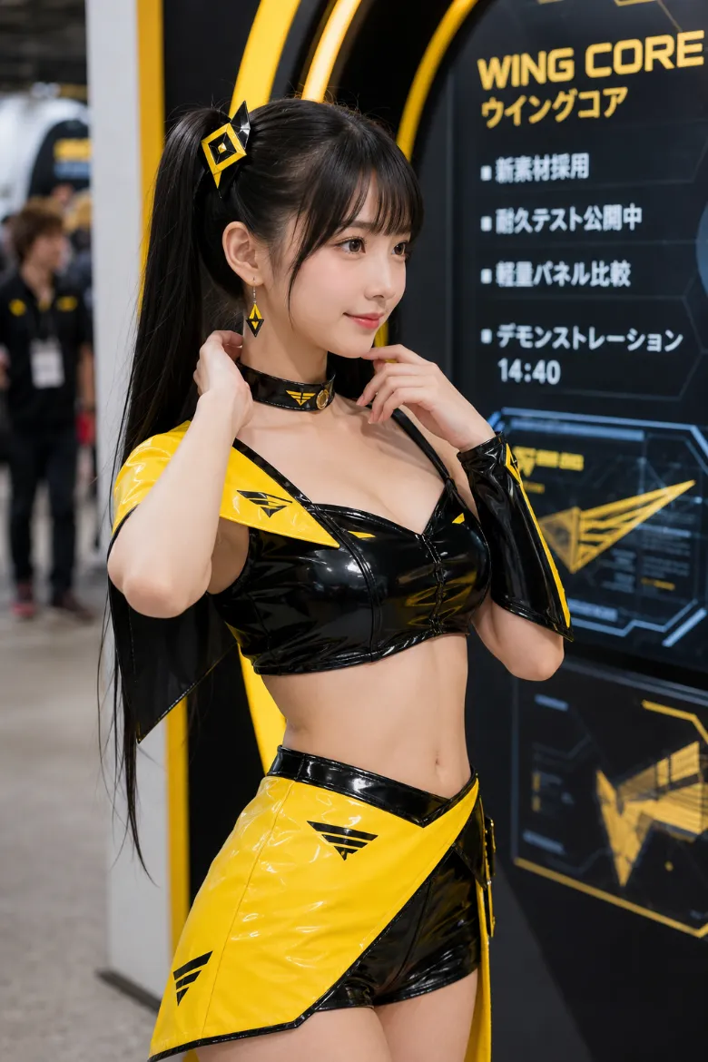実写AI美女版｜イエローの片肩ケープとラップスカートを合わせたブラックのアシンメトリーなイベントコンパニオンの衣装