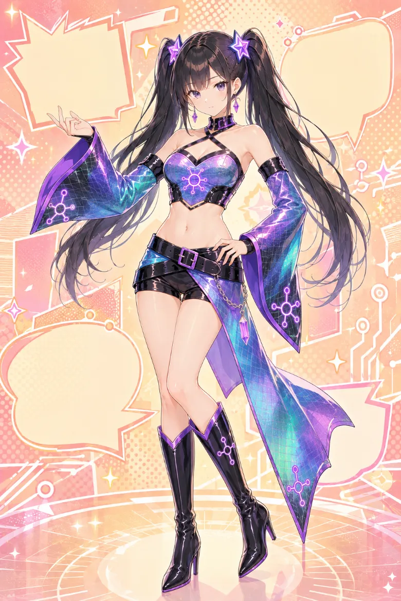 AIイラスト版｜玉虫色グリッドのコルセットトップとベルスリーブ、黒のショートパンツを合わせたイベントコンパニオンの衣装