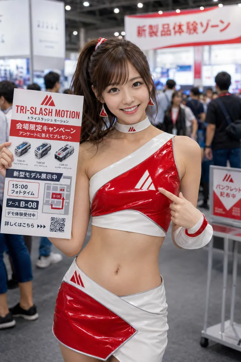 実写AI美女版｜赤×白のワンショルダークロップトップとラップミニスカートのイベントコンパニオンの衣装