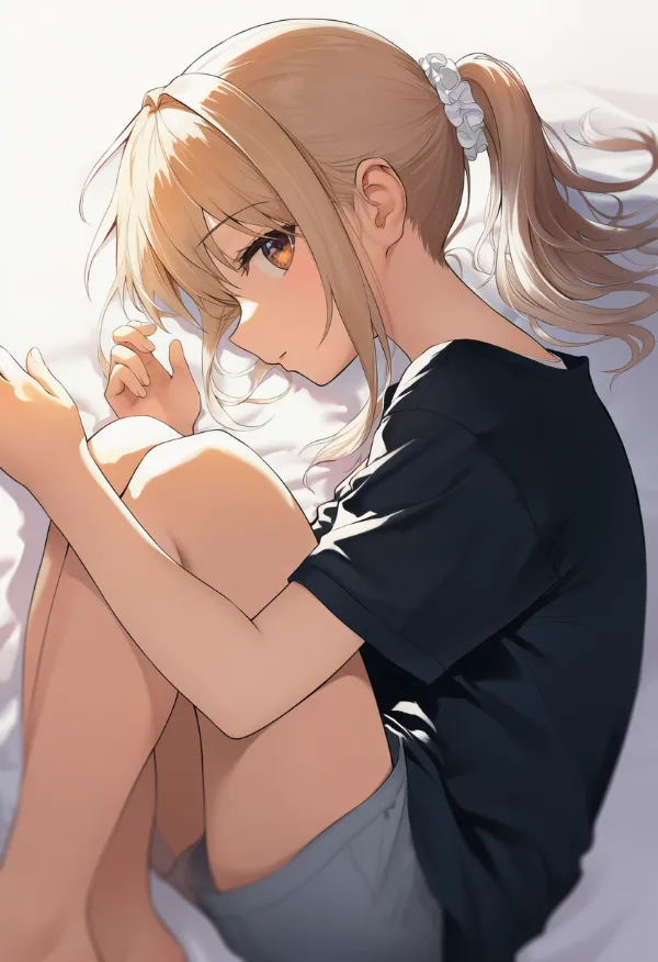 身体を丸めて横になるリラックスポーズのAIイラスト