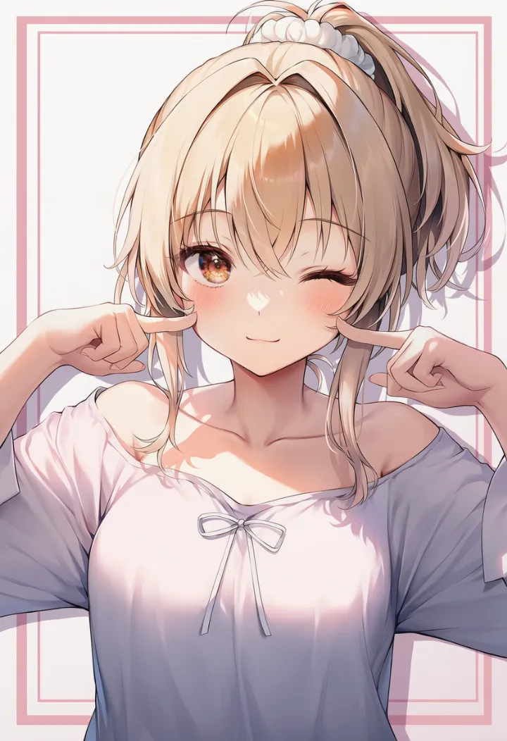 頬に指を添えてウインクしながら赤面する女性のあざといポーズ