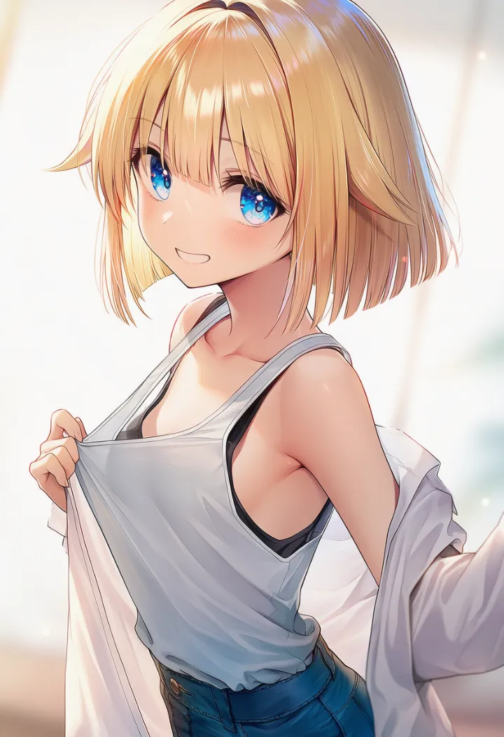 服をめくって相手をからかう仕草のAIイラスト