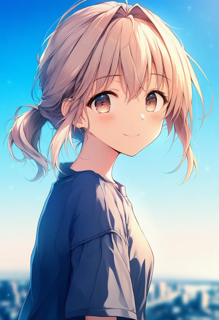 横向きの姿勢から顔だけカメラへ振り返る女性のAIイラスト