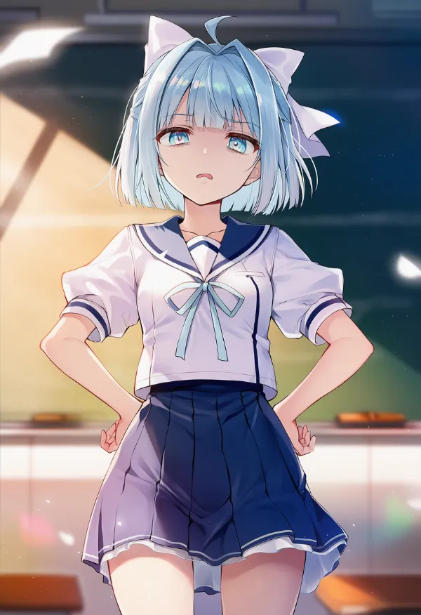 両手を腰に置いて怒るポーズのAIイラスト