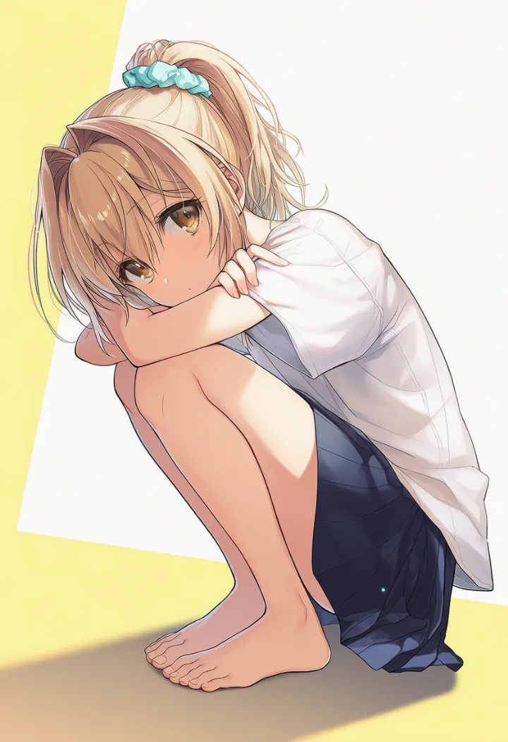 頭を膝に近づけてしゃがむポーズのAIイラスト