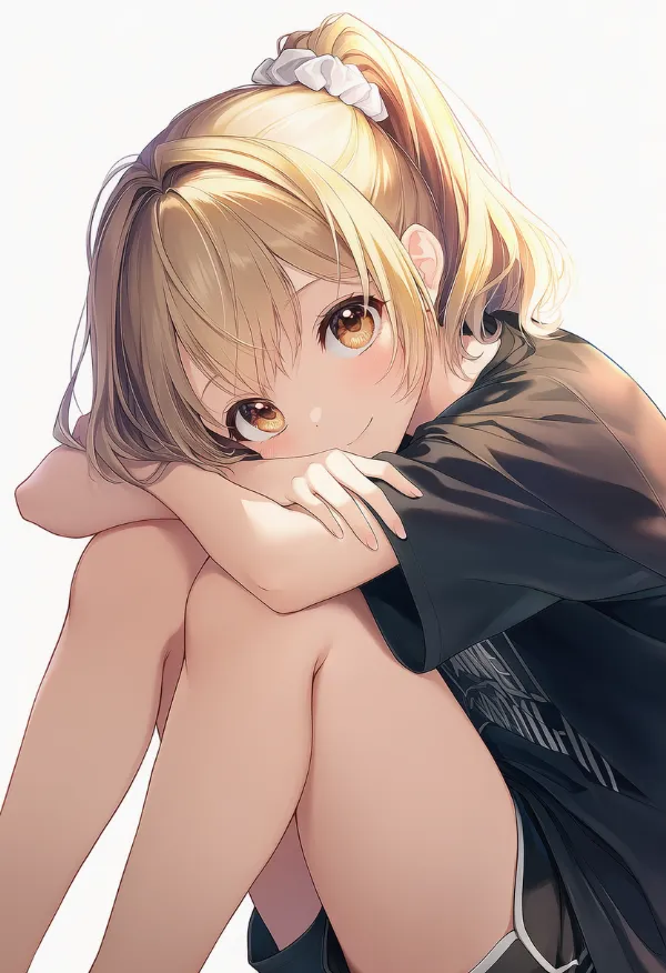 膝に頭を預けて休むポーズのAIイラスト