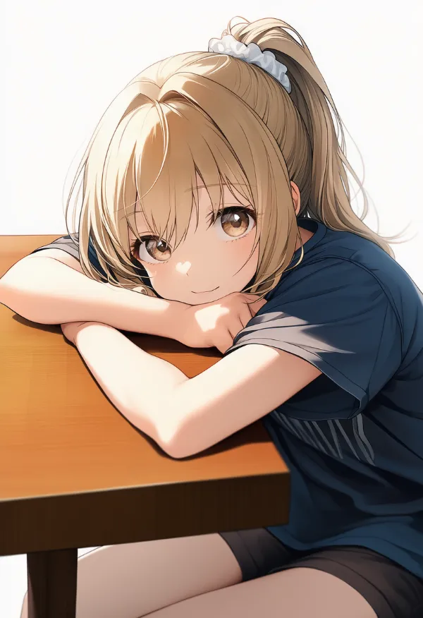 机に突っ伏して休むリラックスポーズのAIイラスト