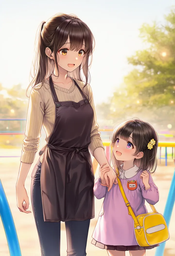 子どもと手をつなぐ保母さん・保育士のAIイラスト