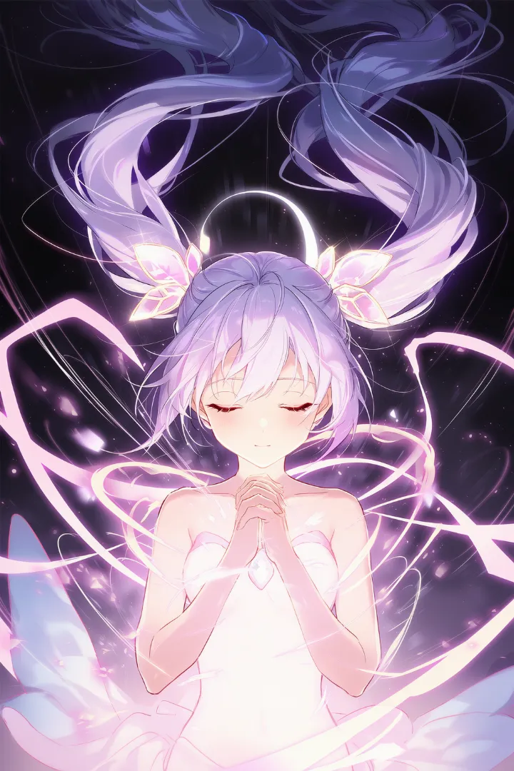 光とオーラに包まれて変身する魔法少女のAIイラスト