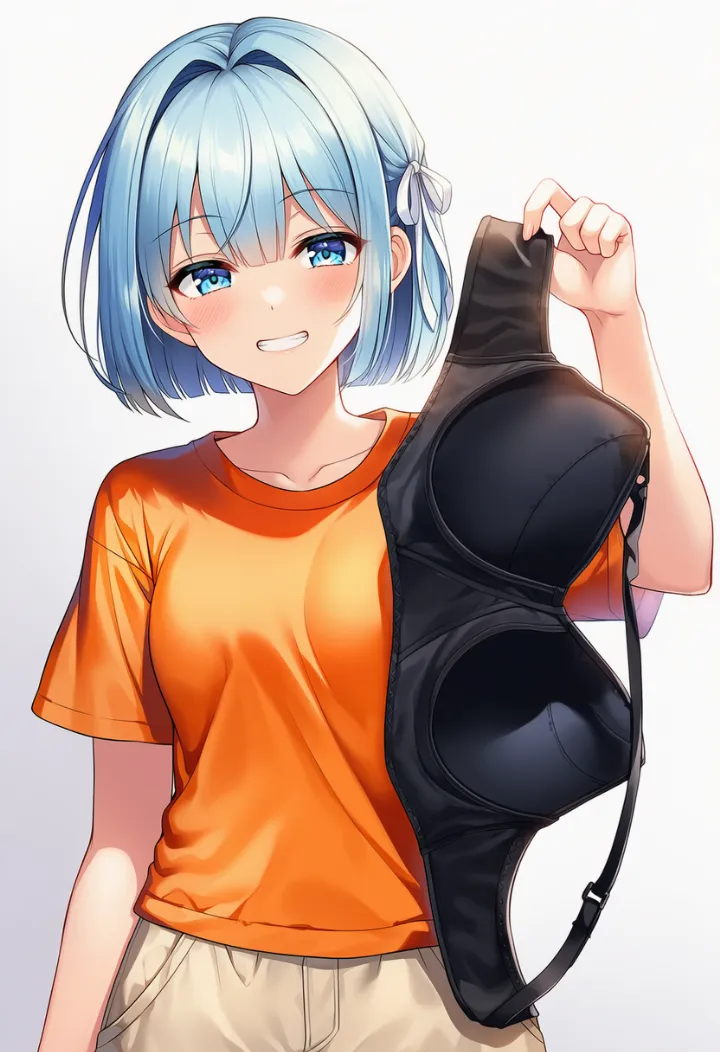 オレンジのTシャツとベージュのパンツ姿で黒いスポーツブラを見せつけるAIイラスト