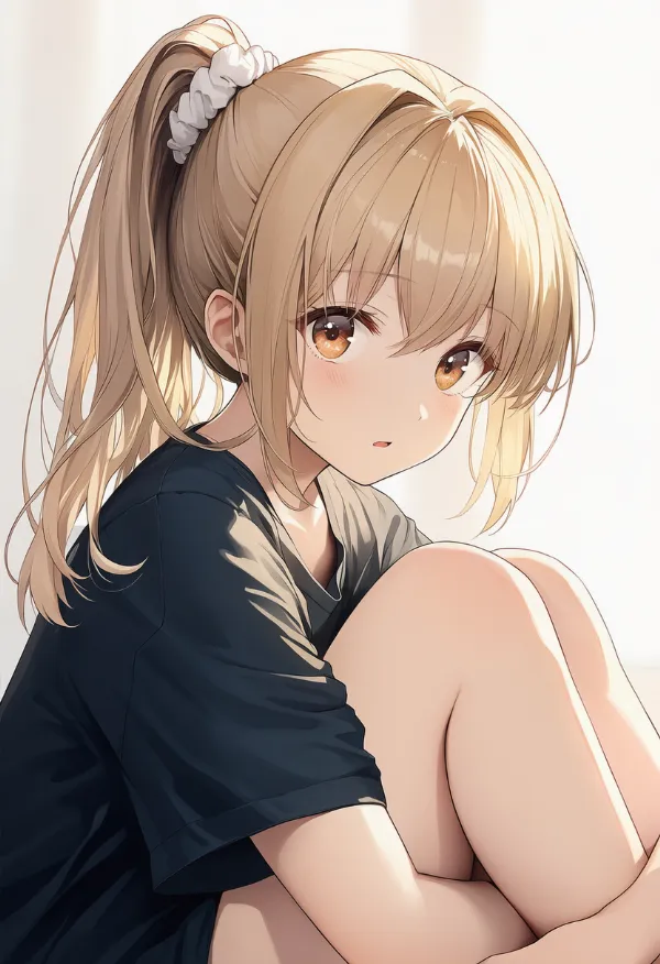 膝を抱えて座るリラックスポーズのAIイラスト
