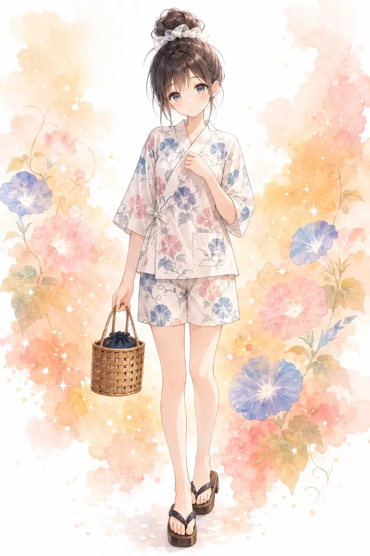 AIイラスト版｜生成り地に青とピンクの朝顔を描いた甚平と同柄ショーツ、竹かごと下駄のコーデ