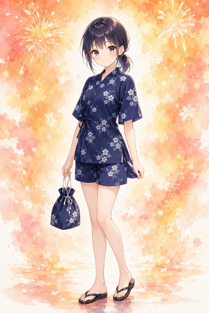AIイラスト版｜濃紺地に白とライトグレーの撫子を散らした甚平と同柄ショーツ、巾着と黒サンダルのコーデ
