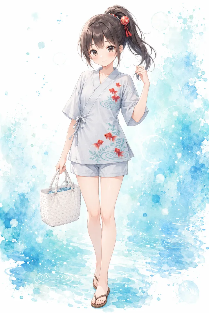 AIイラスト版｜ライトグレー地に朱赤の金魚と淡い青緑の水紋を配した甚平と無地ショーツ、茶色サンダルのコーデ