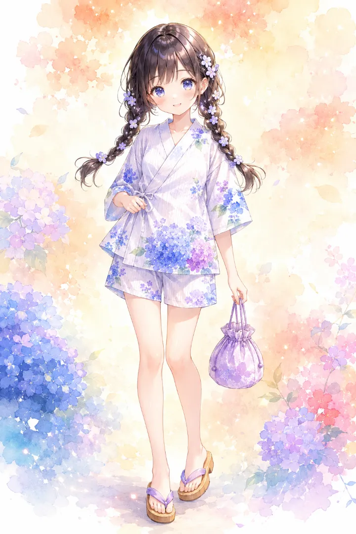 AIイラスト版｜白地に薄紫と水色の紫陽花を配した甚平と同柄ショーツ、薄紫の巾着と下駄のコーデ