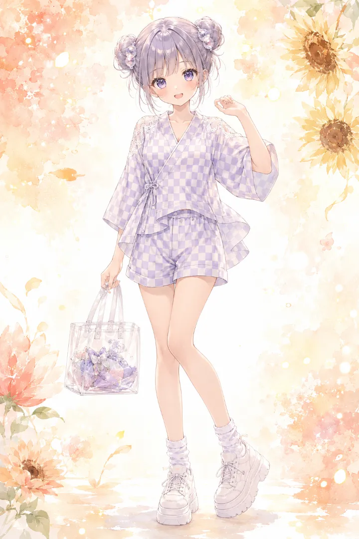 AIイラスト版｜淡いラベンダー地に白い市松模様とはしごレースを入れた甚平、折り返しショーツと白厚底スニーカーのコーデ