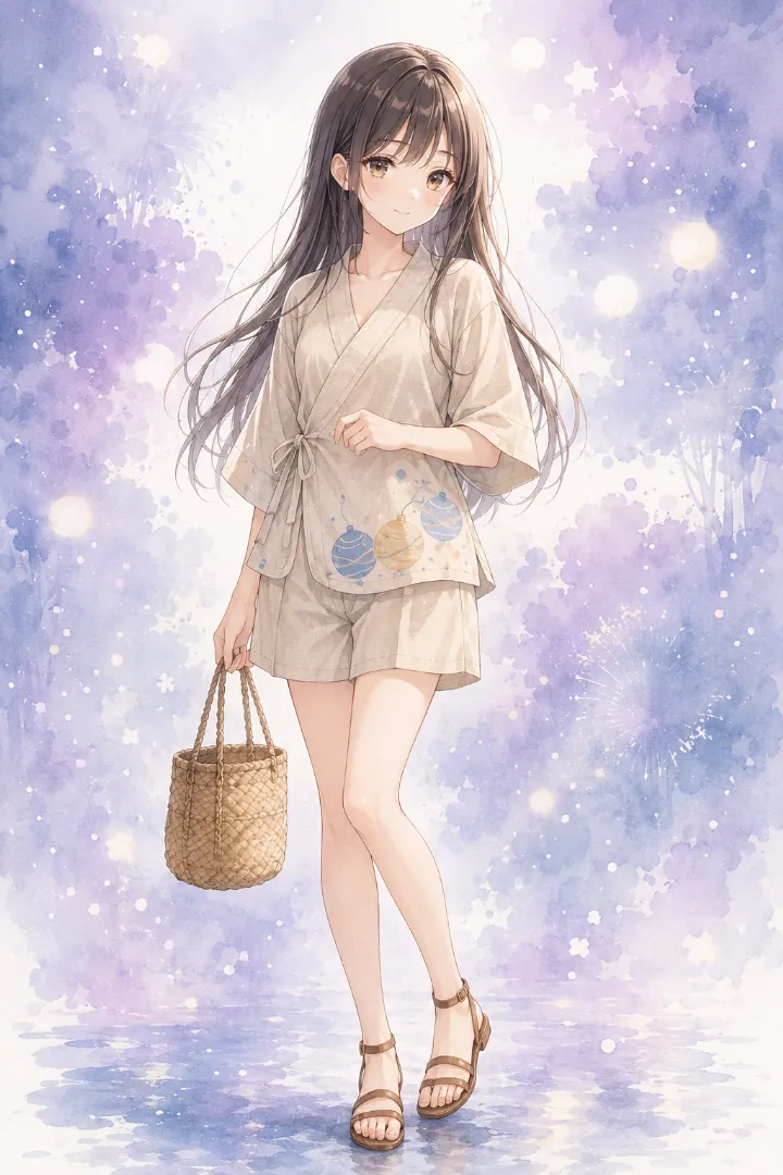 AIイラスト版｜サンドベージュ地の裾にくすみ黄色と青の水風船を配し、丸い前裾とタックショーツを組み合わせた甚平コーデ